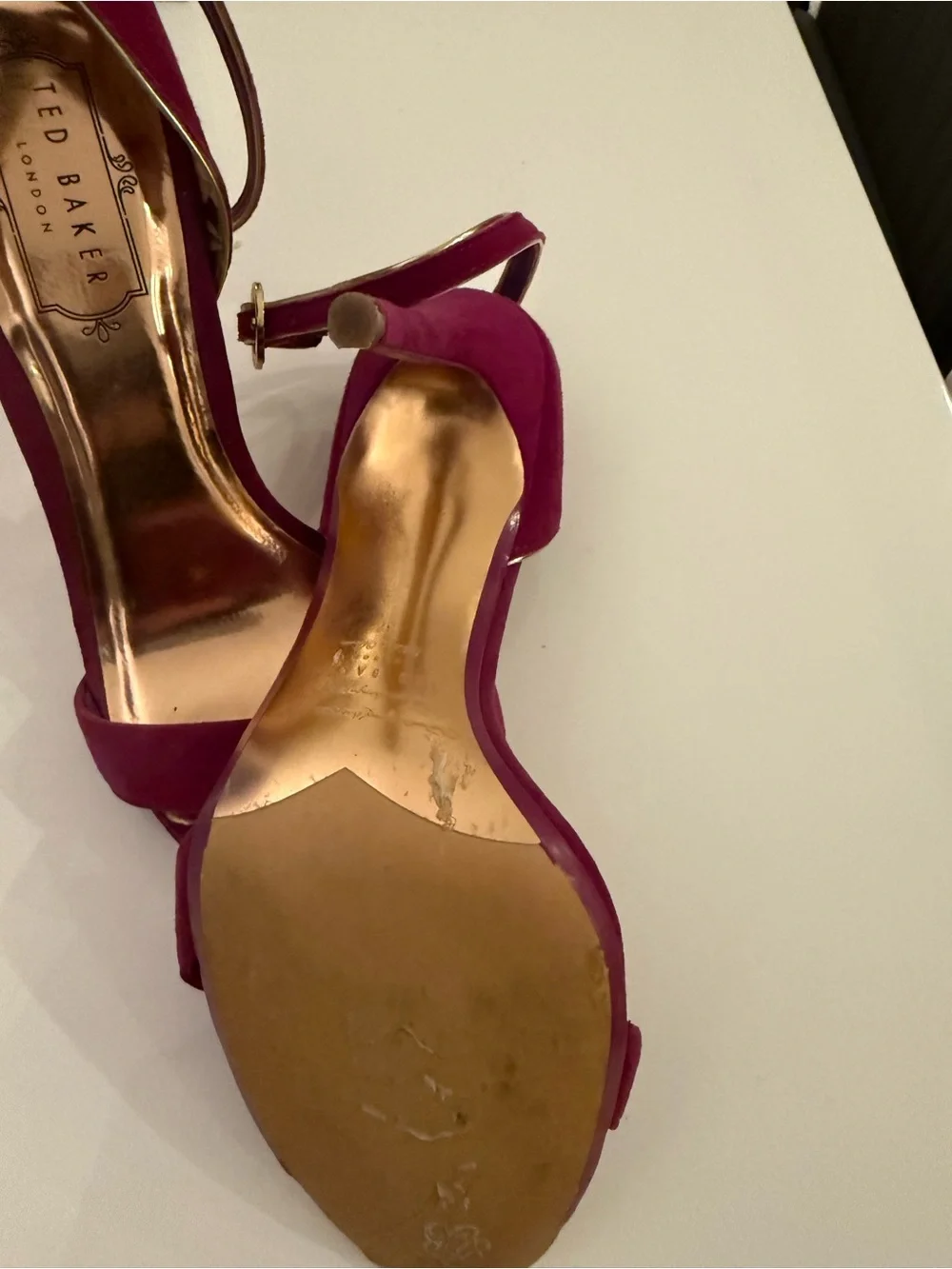 Ted Baker Magenta Suede Gold Accent Open-Toe Heels